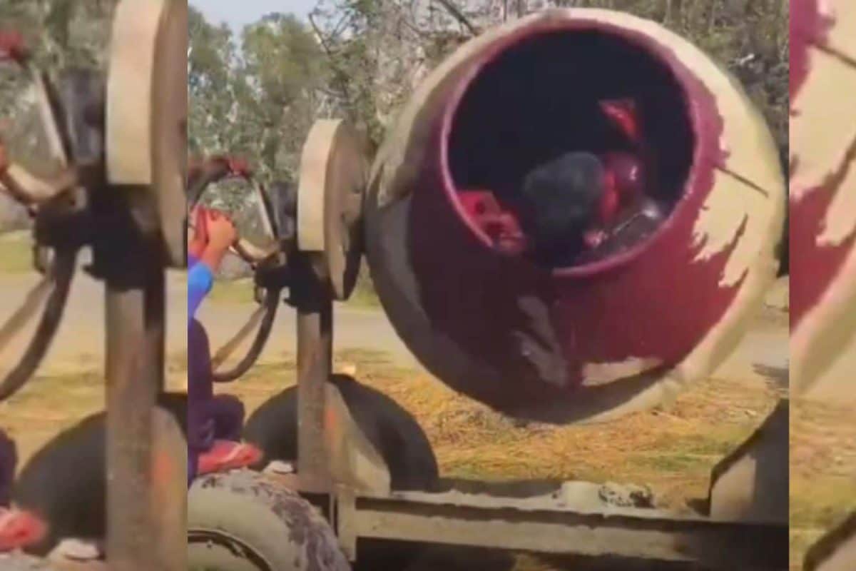 अरे भैया यो इस बालक ने क्या करा! लेंटर डालने वाली मशीन में बैठ मनाई अनोखी होली, देख हंसी से लोटपोट!