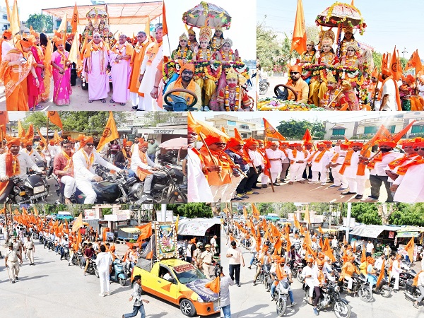 भगवा पगड़ी व केसरिया ध्वज थामकर निकले युवा : रामलीला मैदान में हनुमान चालिसा पठन से हुआ शोभायात्रा का समापन