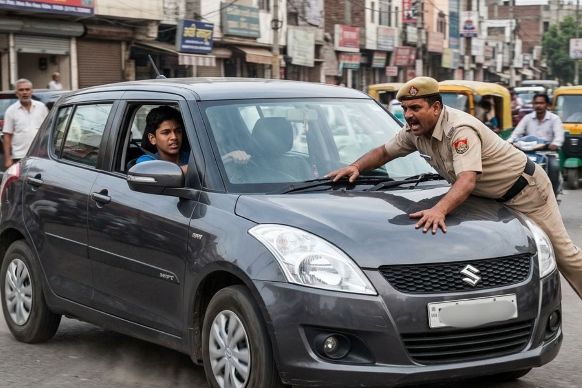 रुकने को कहा तो पुलिसकर्मी की जान से खेल गया नाबालिग, बोनट पर लटका दौड़ाई कार, CCTV में कैद